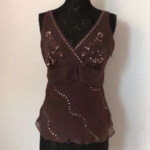 Brown Silk Sequin and Embroidered Top